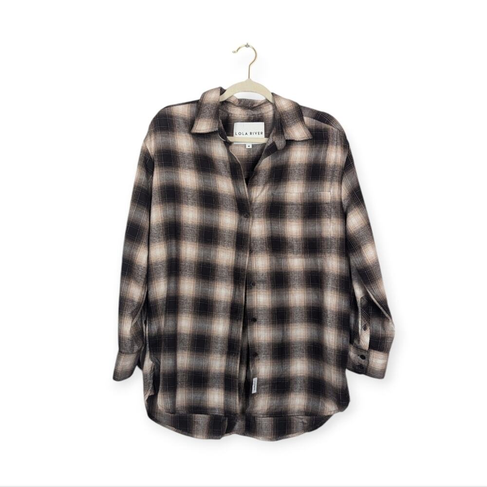 Lola River Brown Flannel Plaid Button Up Oversize Fit Top